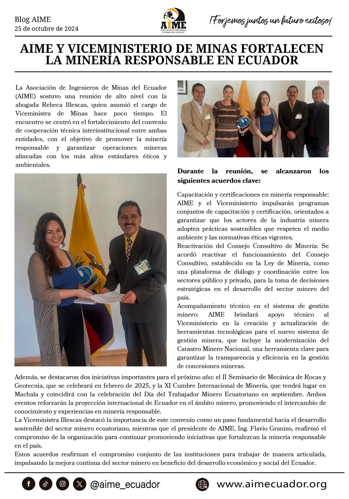 AIME y Viceministerio de Minas fortalecen la minería responsable en Ecuador